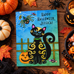 Postal Festiva Bruja Araña Gato Negro Nombre Personalizado Hallow