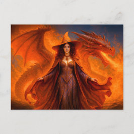 Postal Festiva Bruja con dragón rojo y fuego ardiente