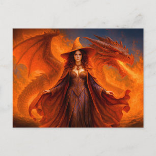 Postal Festiva Bruja con dragón rojo y fuego ardiente