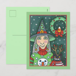 POSTAL FESTIVA BRUJA CON SUÉTER DE MUÑECO DE NIEVE, GATO NEGRO NA