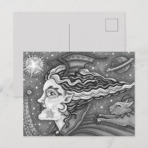 POSTAL FESTIVA BRUJA DE CIENCIA FICCIÓN ESPACIAL & GATO COMETA BL