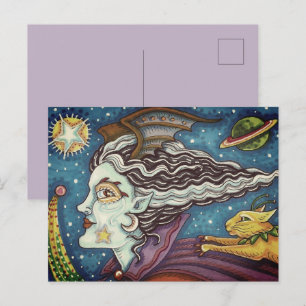 POSTAL FESTIVA BRUJA DE CIENCIA FICCIÓN ESPACIAL Y COMETA GATO HU