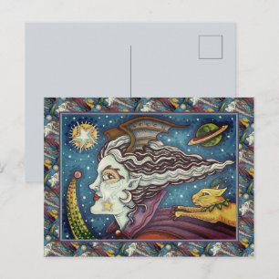 POSTAL FESTIVA BRUJA DE CIENCIA FICCIÓN ESPACIAL Y GATO COMETA DI
