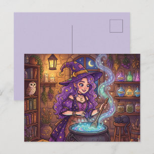Postal Festiva Bruja de dibujos animados haciendo poción de amor