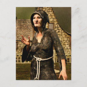 Postal Festiva Bruja de fantasía pueblo medieval Halloween