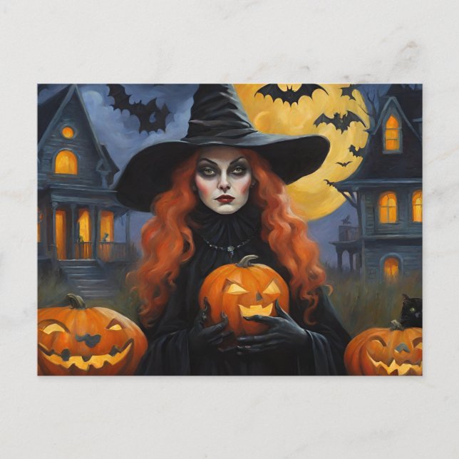 Postal Festiva Bruja de Halloween con Ilustracion Jack O'Lantern (Anverso)