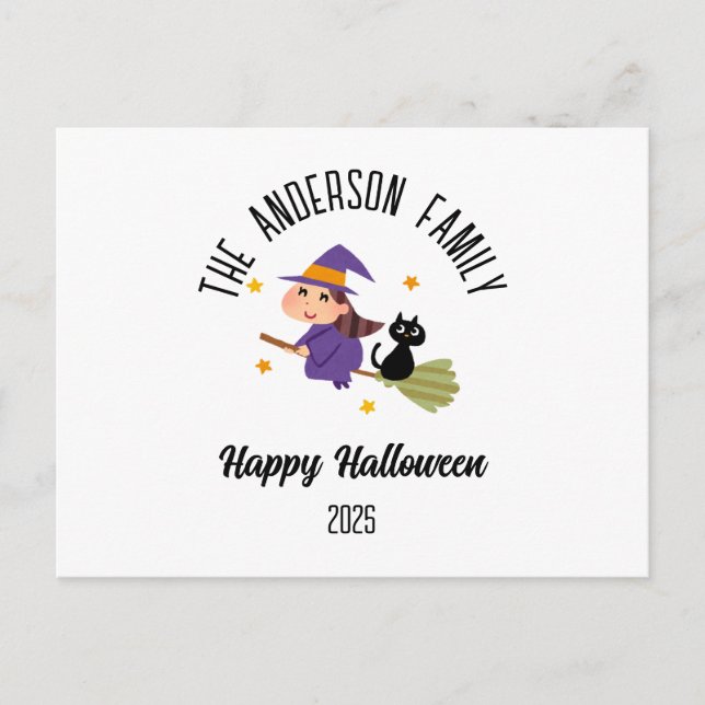 Postal Festiva Bruja de Halloween con nombre personalizado en una (Anverso)