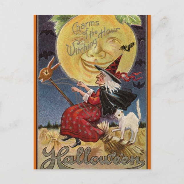 Postal Festiva Bruja de Halloween de época en una habitación (Anverso)