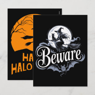 Postal Festiva Bruja de Halloween Escoba Gato Negro Luna Gráfico 