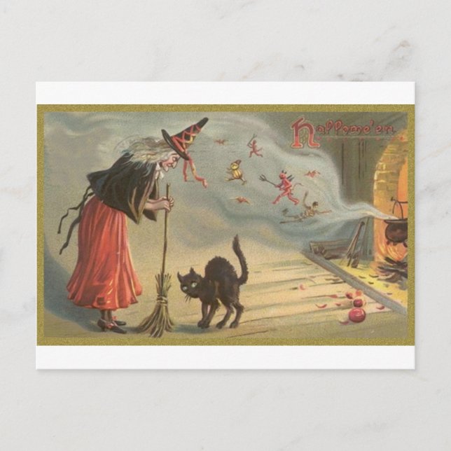Postal Festiva Bruja de Halloween, gato (Anverso)