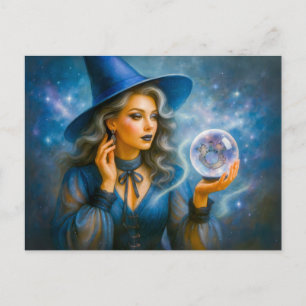 Postal Festiva Bruja en azul con bola de cristal