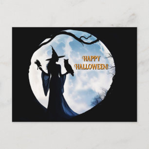 Postal Festiva Bruja en plena luna Raven Owen Halloween