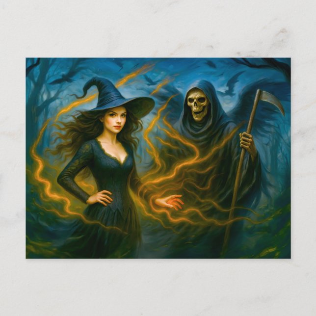 Postal Festiva Bruja en un bosque oscuro con la parca (Anverso)