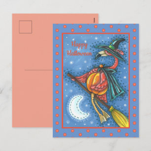POSTAL FESTIVA BRUJA FLAMENCO ROSA, VOLANDO SOBRE LA LUNA EN UNA 
