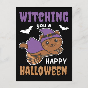 Postal Festiva Bruja Gato Brujas Te Desean Un Feliz Halloween H
