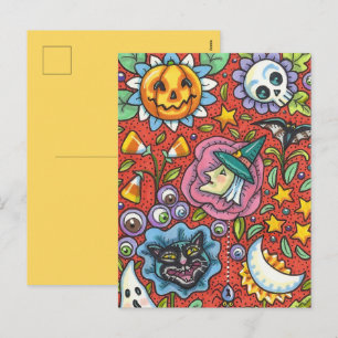 POSTAL FESTIVA BRUJA, GATO, FANTASMA, GENTE COLORIDA DE HALLOWEEN