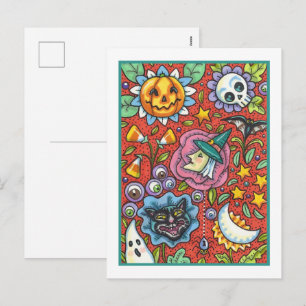 POSTAL FESTIVA BRUJA, GATO, FANTASMA, JARDÍN DE GENTE COLORIDO DE