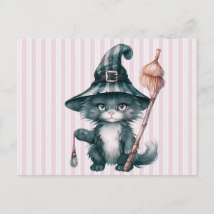Postal Festiva Bruja Gato Negro Sombrero Escoba Rayas Rosadas Hal