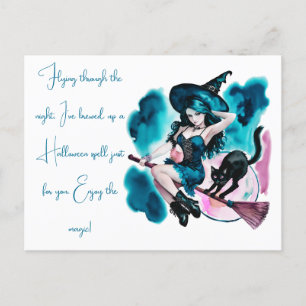 Postal Festiva Bruja hecha una halloween con un gato negro como u