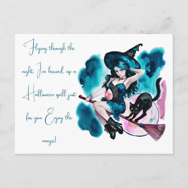 Postal Festiva Bruja hecha una halloween con un gato negro como u (Anverso)