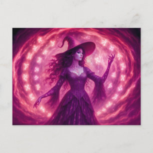 Postal Festiva Bruja invocando runas en un círculo mágico