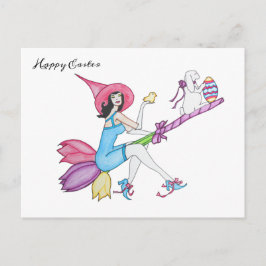 Postal Festiva Bruja mágica y conejo de Pascua