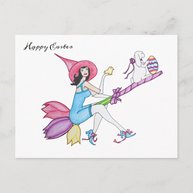 Postal Festiva Bruja mágica y conejo de Pascua (Anverso)
