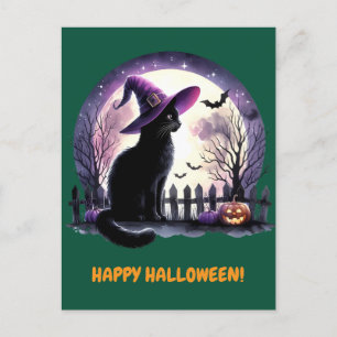 Postal Festiva Bruja negra de gato y murciélago Feliz feriado de 