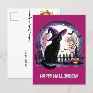 Postal Festiva Bruja negra de gato y murciélago Feliz Halloween