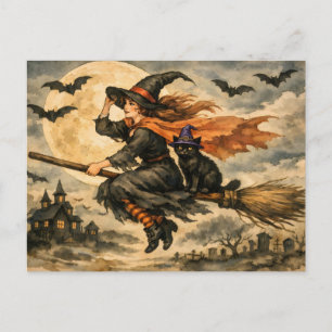 Postal Festiva Bruja vintage de Halloween, gato negro en la escob