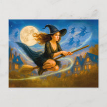 Bruja volando sobre techos de pueblo bajo luna lle