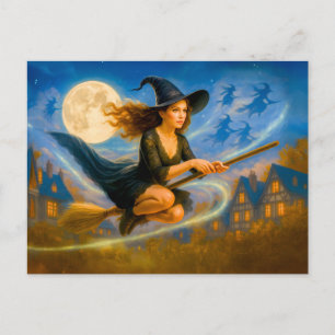 Postal Festiva Bruja volando sobre techos de pueblo bajo luna lle