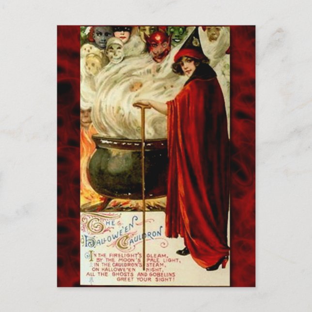 Postal Festiva Bruja y caldera Halloween del vintage (Anverso)