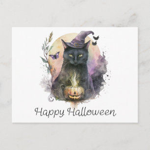 Postal Festiva Brujas Gato Negro Mariposas Feliz Halloween