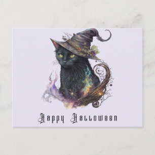 Postal Festiva Brujas Gato Negro Sombrero Luz Púrpura Feliz Hallo