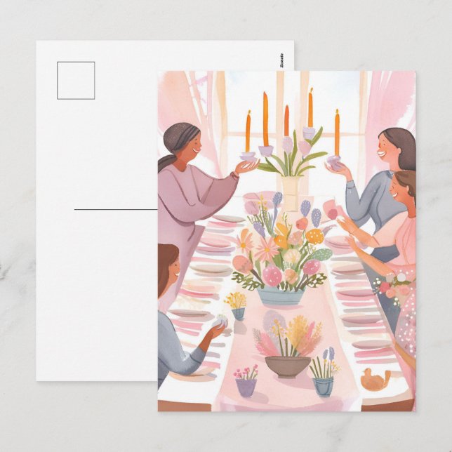 Postal Festiva Brunch de Pascua | Comida de la familia acuarela h (Anverso / Reverso)