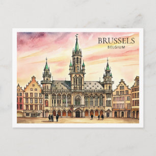Postal Festiva Bruselas Bélgica Acuarela Gran Palacio