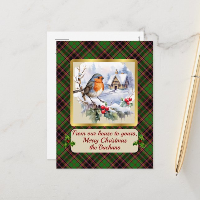 Postal Festiva Buchan Tartan w/Robin Personalizado (Anverso/Reverso In Situ)