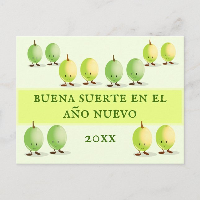 Postal Festiva Buena Suerte Doce uvas afortunadas Año Nuevo (Anverso)