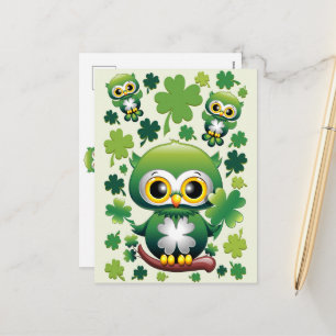 Postal Festiva Búho Bebé Lindo Dibujo Animado de San Patricio