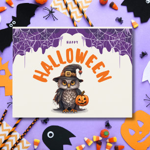 Postal Festiva Búho de Halloween adorable con calabaza Feliz Hall