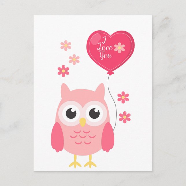 Postal Festiva Búho de San Valentín rosa lindo te amo (Anverso)