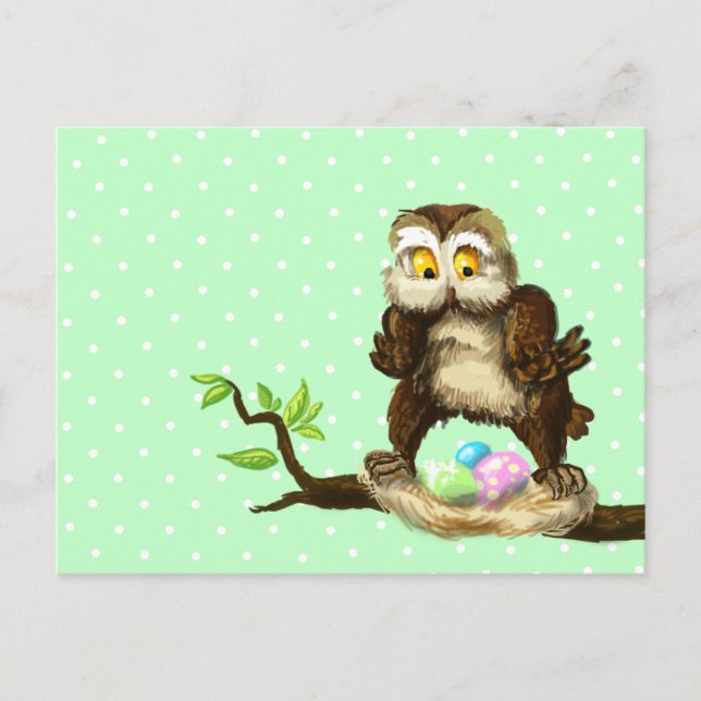 Postal Festiva Búho feliz de Pascua (Anverso)