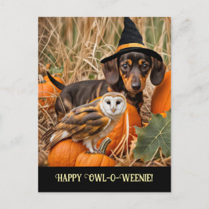 Postal Festiva Búho lindo Dachshund Feliz Halloween