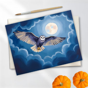 Postal Festiva Búho Luna Llena Halloween Acuarela