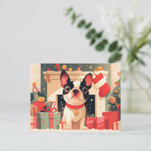 Postal Festiva Bulldog Francés Adorable junto a la Chimenea de Na