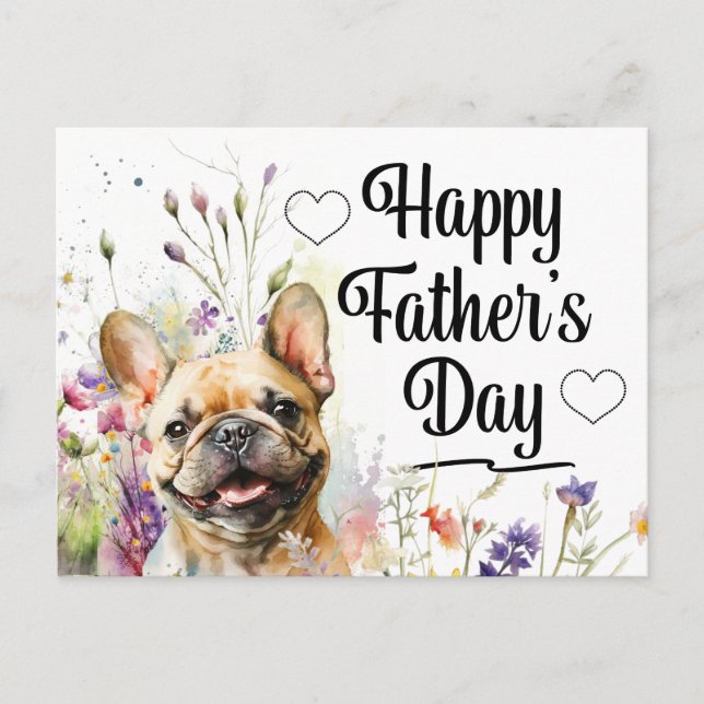 Postal Festiva Bulldog francés con flores para el Día del Padre (Anverso)