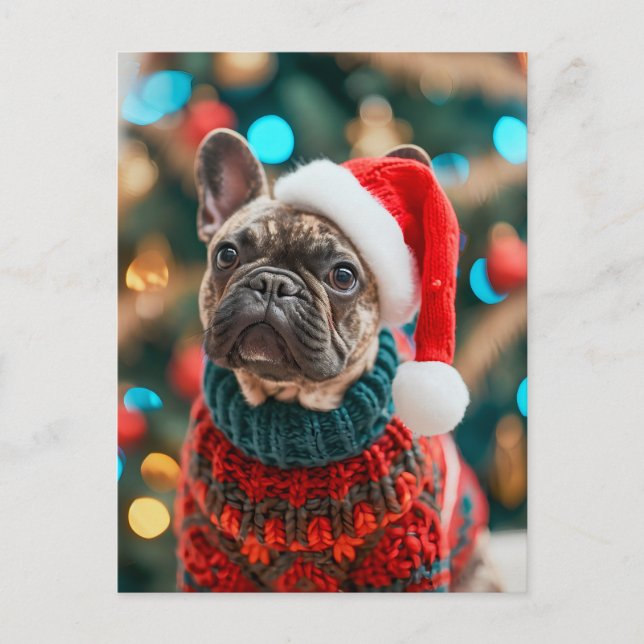 Postal Festiva Bulldog Francés con Ropa de Perro Tejida (Anverso)
