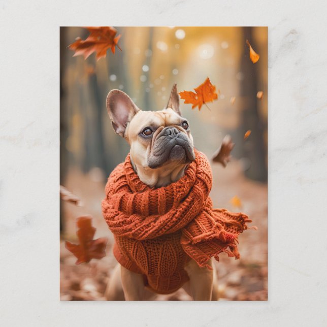Postal Festiva Bulldog Francés con Ropa de Perro Tejida (Anverso)