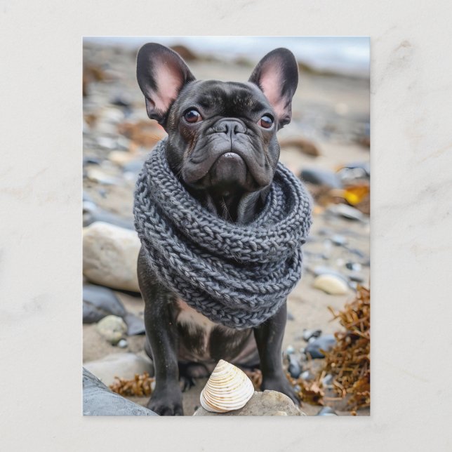Postal Festiva Bulldog Francés con Ropa de Perro Tejida (Anverso)